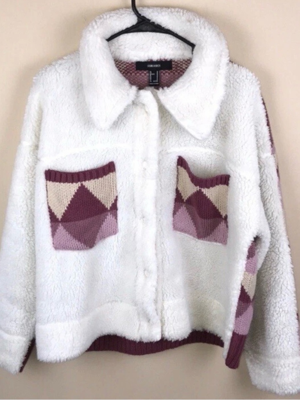 Forever 21 Women's Faux Fur Knit
Diamond Patterned Button-Up Teddy
Jacket Sz M